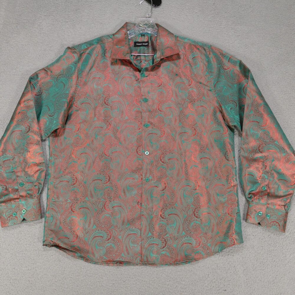 BARRY WANG Shirt Mens XL Orange Green Paisley Long Sleeve Shiny Formal